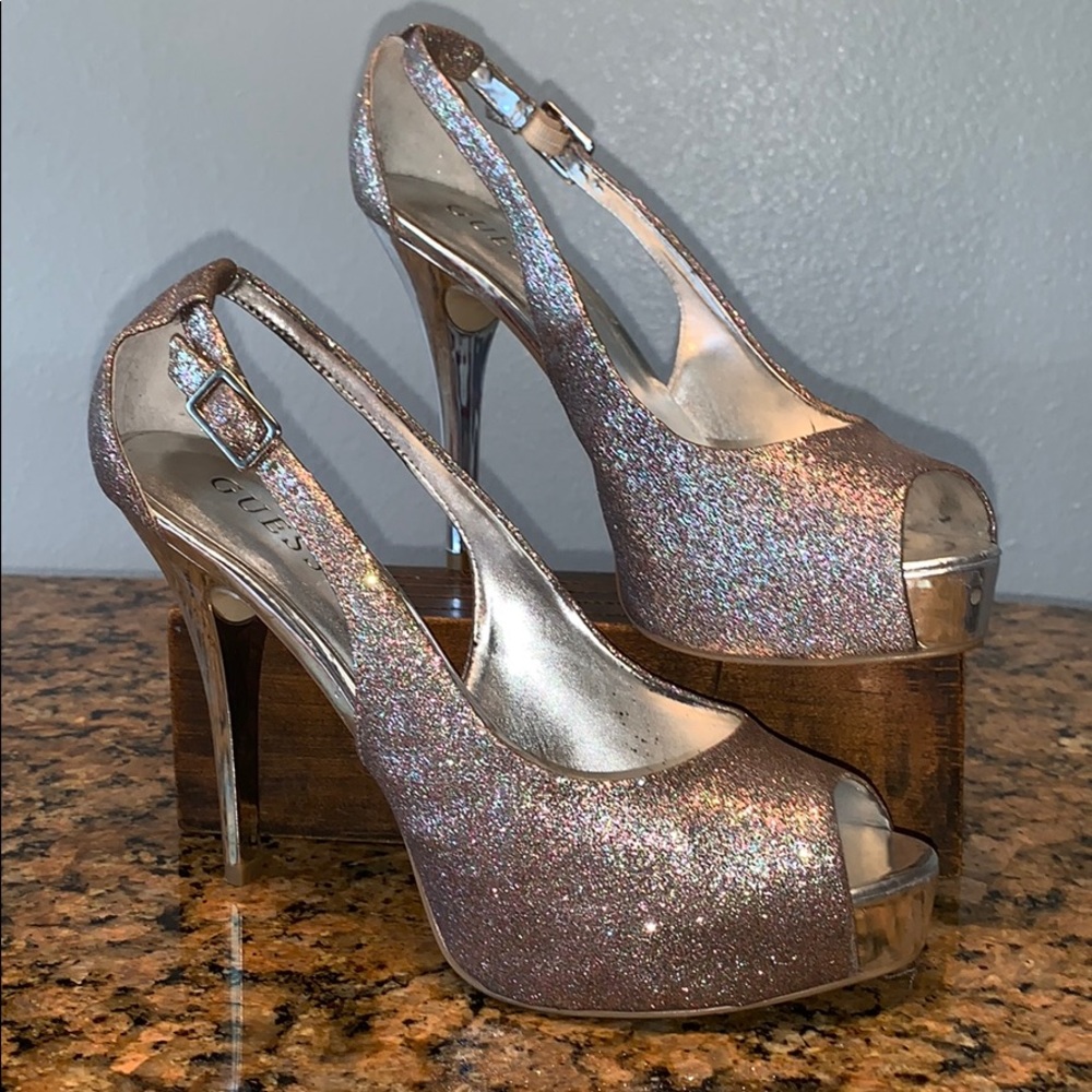 Guess silver sparkle heels